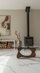 Fototapeta premium An elegant living room with fireplace, glass coffee table and wood stack in the corner. The walls have light beige travertine stone panels. A wooden sculpture hangs on one wall above fire place.