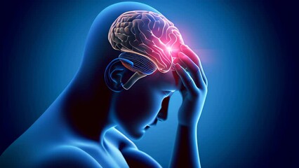 A man with a red head is shown in a blue background.Ache, migraine. The man is holding his head and he is in pain. Concept of discomfort and distress
