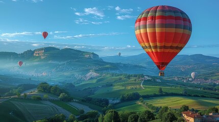 Naklejka premium vibrant hot air balloon soaring high in a clear blue sky with a picturesque landscape