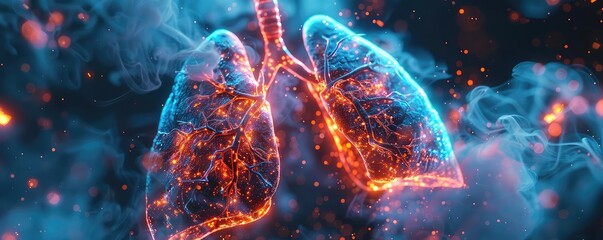 Digital hologram of lungs with highlighted infection areas, Futuristic, Glowing Blue and Red, 3D Render, Emphasizing diagnostic imaging