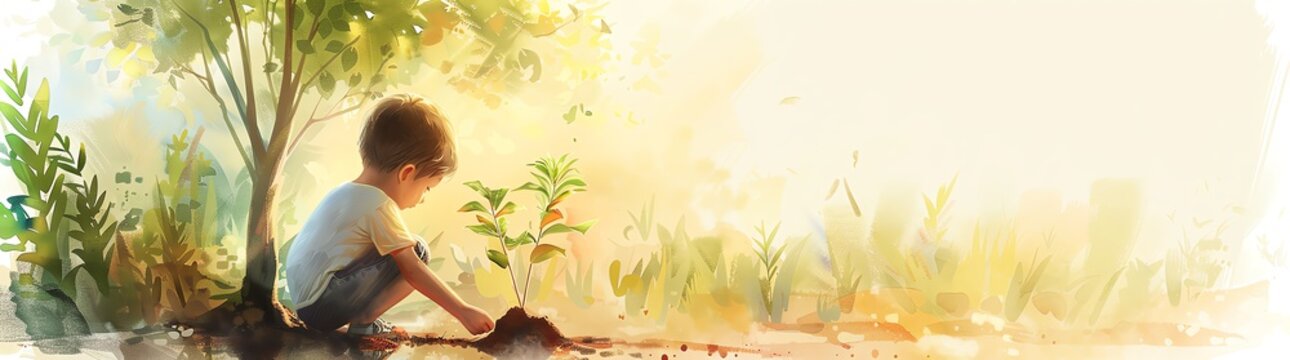 A cute little boy planting trees, in a simple watercolor painting style with pastel colors, soft light and shadow, and a natural environment background with rich details.