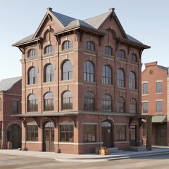 Fototapeta premium Architectural Design of a wagon freight station in the 1880s with a glass window front with displays of goods. Building is three stories tall. Mainly composed of wood with some smaller brick and stone