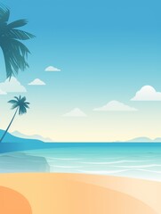 Fototapeta premium Serene Tropical Beach with Palm Tree and Distant Mountains