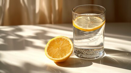 A clear glass of water with a slice of lemon, placed on a white surface, representing purity and refreshment.