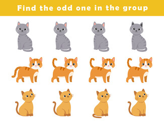 Find the odd one out for toddlers. Spot the difference for kids. Educational quiz worksheet with cute cats illustration. Logical activity for children.