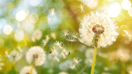 A close-up of a dandelion clock, with the fluffy seeds blowing away in the light, airy breeze.