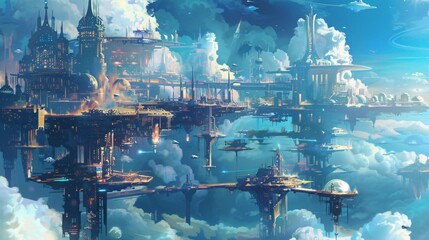  a fantasy city floating in the sky with airships flying around and large buildings and towers.