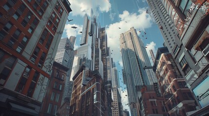 a city with tall buildings and walkways in a surreal environment 