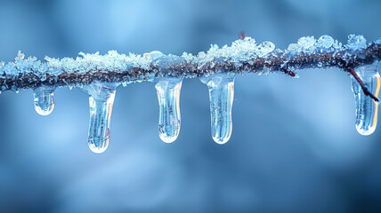 Ice-covered branch with icicles against a blue winter background.