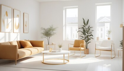 white and gold theme interior modern minimalism photo realism