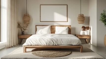 A minimalist bedroom with a neatly made bed, a few essential furnishings, and soft, neutral colors.