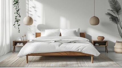 A minimalist bedroom with a plain bed, white bedding, and minimal decor, creating a calm and harmonious space for rest and relaxation.