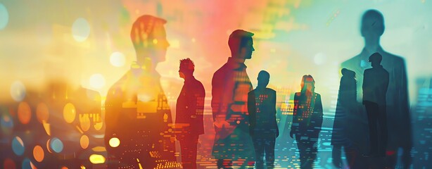 Business people team standing in double exposure with abstract digital collage background. The concept of global business, diversity and change management presented in the style illustrations.