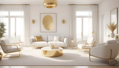 white and gold theme interior modern minimalism photo realism
