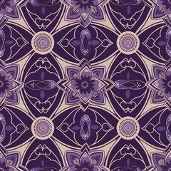 A purple and lilac seamless pattern with floral and geometric elements.