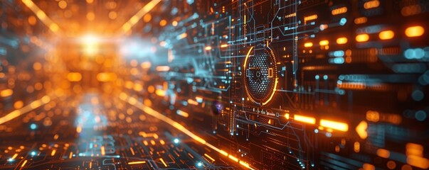 Fototapeta premium Futuristic digital technology background with metallic textures and glowing elements.