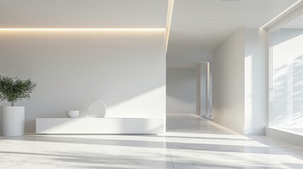 A minimalist white room with soft, diffused lighting, showcasing clean lines and a sense of calmness and serenity.