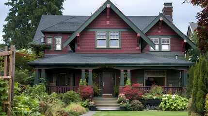 Design a craftsman-style home in a rich burgundy and forest green color scheme