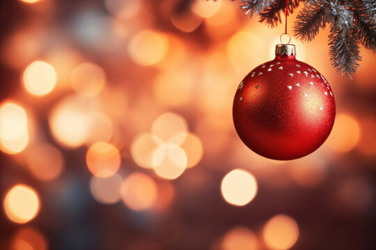 Red ornament hanging from christmas tree. Background with selective focus and copy space