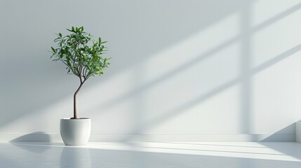 A minimalistic white room with a single green plant in a simple ceramic pot, emphasizing clean lines and purity.