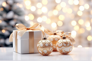 Three gold and white christmas ornaments with gift box. Blurred background with copy space