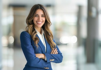 Smiling Young Business Woman in Blue Suit with Arms Crossed Against a Blurred Office Background. Panoramic Banner Design for Professional Corporate Use