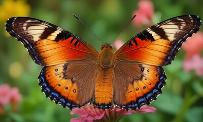 Fototapeta premium Colorful butterfly with intricate wing patterns resting on a vibrant flower
