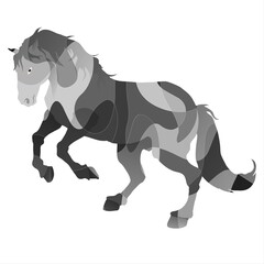 A stylized horse appears in various shades of gray, showing movement and energy. The design uses overlapping shapes to create a layered effect.