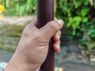 Hand holding a brown stick of wood