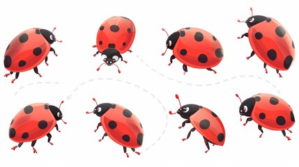 Detailed modern icons of ladybugs flying on dotted routes. Ladybirds with open wings. Isolated on white background.