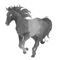 A geometric design of a horse features triangular shapes and varying shades of gray. The dynamic pose captures the horse's movement, with its mane flowing freely.