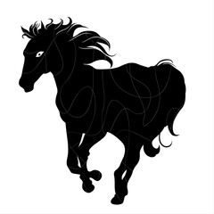 A black silhouette of a horse highlights its mane and tail, adding a sense of motion. The white lines within the silhouette suggest dynamic movement and fluidity.