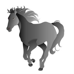 A stylized, monochrome horse is depicted mid-stride with flowing mane and tail, set against a plain white background. The sleek design and dynamic pose convey a sense of grace and movement.