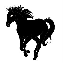 A powerful horse silhouette stands out against a white background, capturing dynamic movement in its flowing mane and tail. The black & white contrast highlights the strength and grace of the animal.