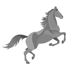 A stylized depiction of a galloping horse features sleek curves and gradients in grayscale tones. The dynamic posture captures the essence of movement and energy.