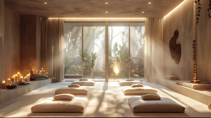 A serene yoga studio with soft lighting, minimalist decor, and a tranquil atmosphere, perfect for relaxation and meditation.