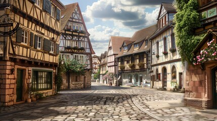 street with half-timbered houses on both sides and a stone street