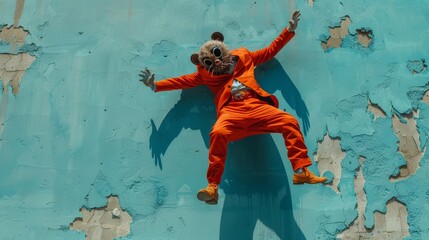 Orange suit wearing man jumps against blue wall wearing rodent mask