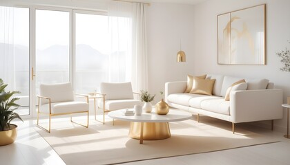 white and gold theme interior modern minimalism photo realism