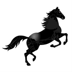 A black silhouette of a horse is depicted mid-gallop with its mane and tail flowing dynamically. The silhouette contains intricate white lines that resemble the veins of leaves, adding a decorative el