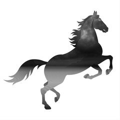 A black and grey graphic of a horse is depicted in a rearing position, with its front legs lifted and its mane and tail dramatically flowing.