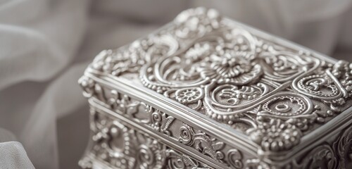 A delicate and ornate silver jewelry box on a soft gray background, focusing on the intricate details and craftsmanship of the silverwork.