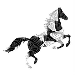 A galloping horse is depicted with its composition made entirely of butterfly wing patterns, giving a unique blend of nature and creativity.