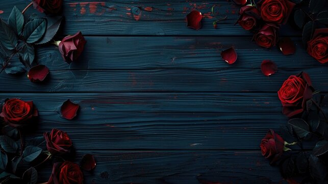 Dark wooden background with red roses on the left side, space for text or message, top view. Greeting card template for Valentine's Day, Mother day and wedding invitation design.