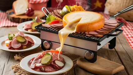 A mouth-watering food photograph showcasing a raclette dish