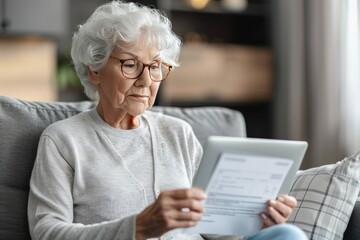 Senior woman managing bill payments online and reviewing paperwork on laptop at home