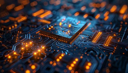 Obraz premium Futuristic digital technology background with metallic textures and glowing elements.