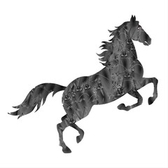 A digital rendering of a horse is depicted mid-rearing with a highly detailed body patterned with intricate mechanical components.