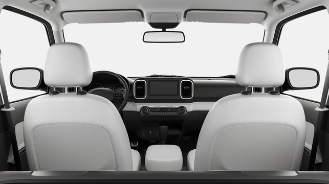 Front windshield of a white car as mockup on neutral studio background from back seat inside interior