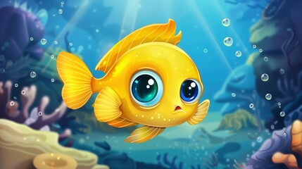A cute tropical yellow fish with hand drawn moderns.